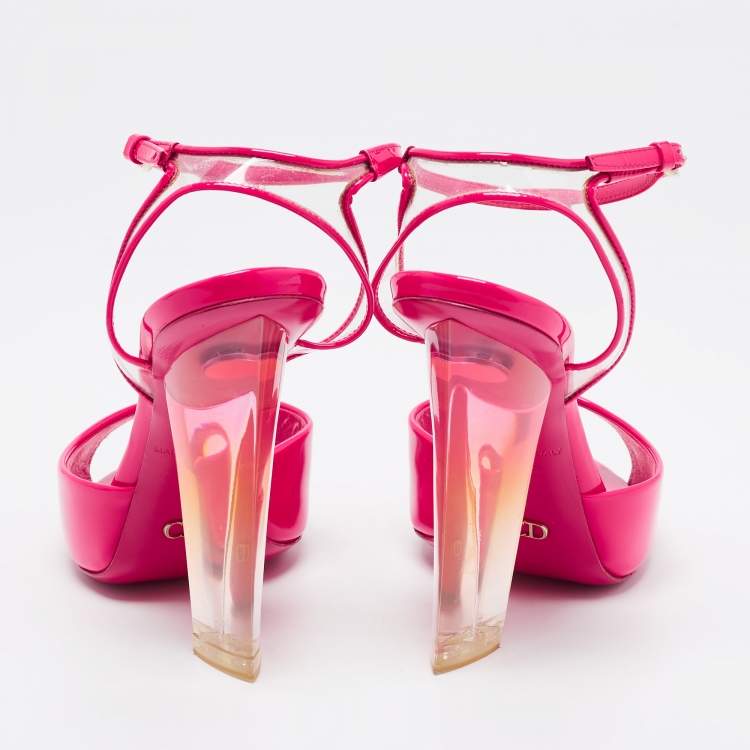 Pre Owned Dior Pink Patent Leather and PVC Clear Block Heels Ankle-Strap Sandals Size 35