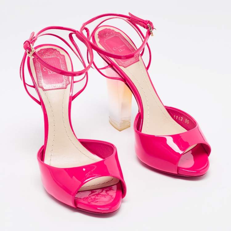 Pre Owned Dior Pink Patent Leather and PVC Clear Block Heels Ankle-Strap Sandals Size 35