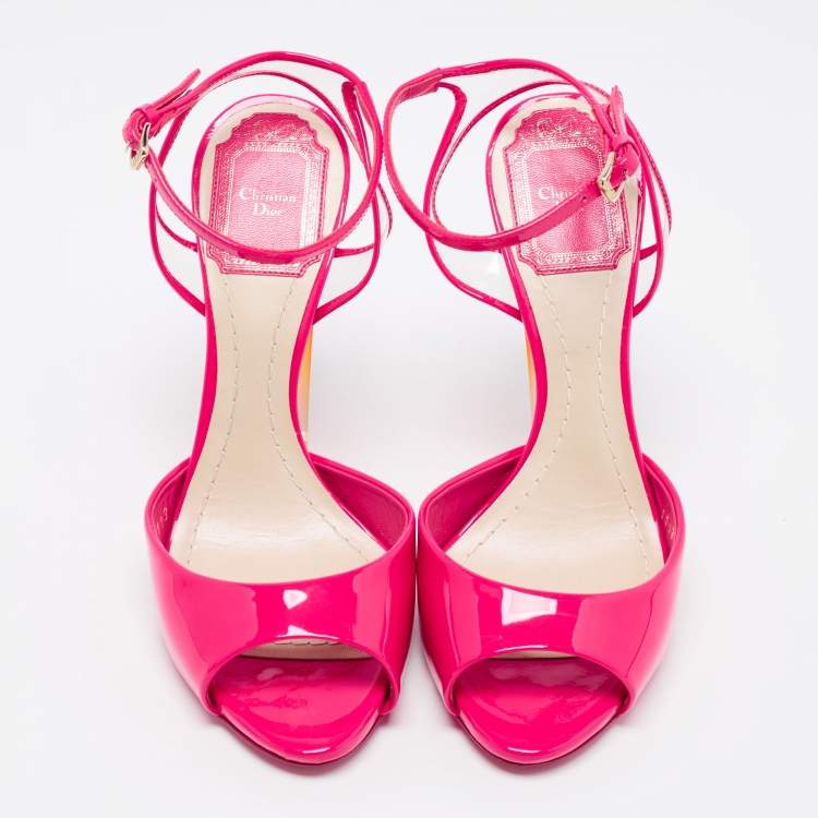 Pre Owned Dior Pink Patent Leather and PVC Clear Block Heels Ankle-Strap Sandals Size 35