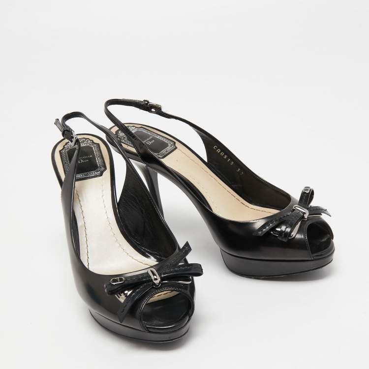 Pre Owned Dior Black Leather Bow Peep Toe Slingback Sandals Size 37