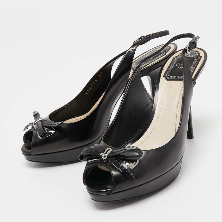 Pre Owned Dior Black Leather Bow Peep Toe Slingback Sandals Size 37