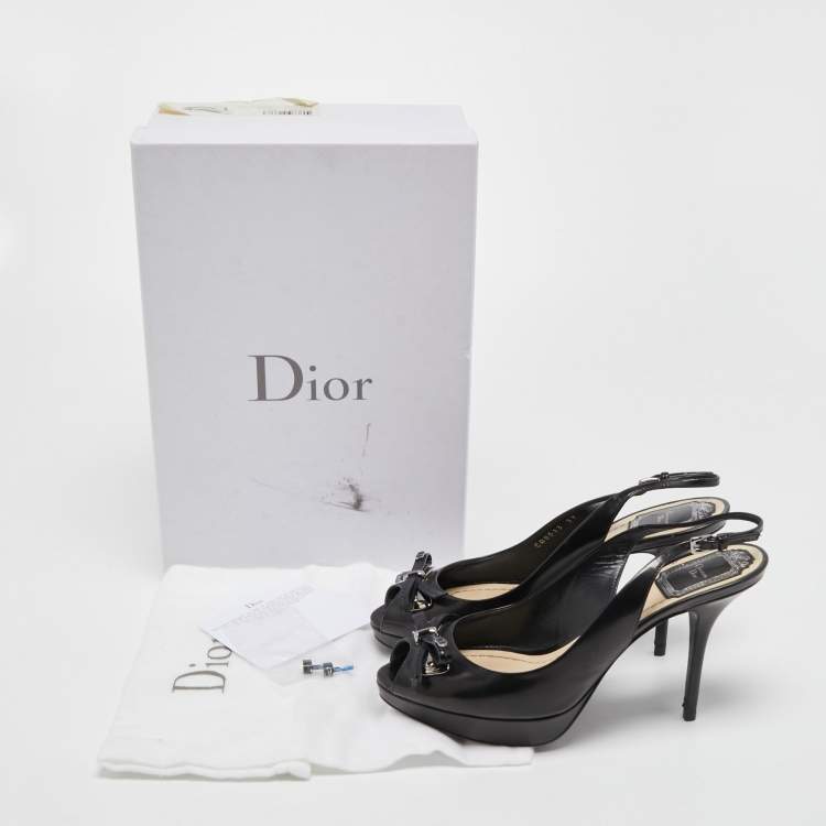 Pre Owned Dior Black Leather Bow Peep Toe Slingback Sandals Size 37