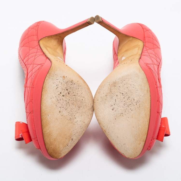 Pre Owned Dior Pink Cannage Leather Bow Peep Toe Pumps Size 35
