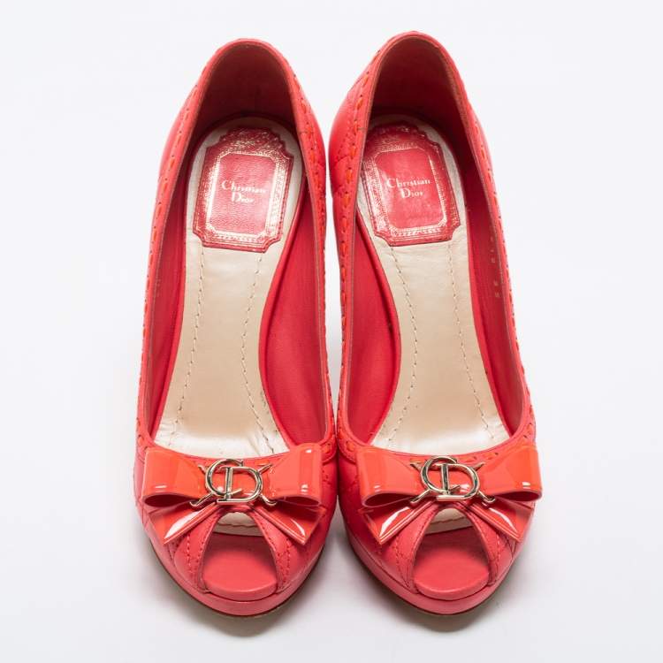 Pre Owned Dior Pink Cannage Leather Bow Peep Toe Pumps Size 35