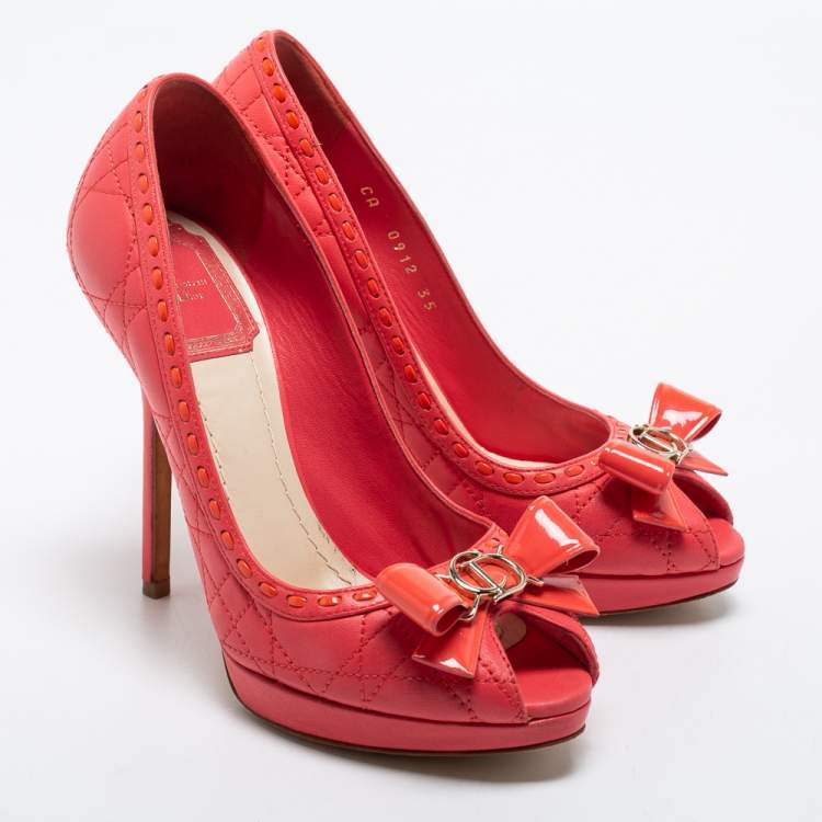 Pre Owned Dior Pink Cannage Leather Bow Peep Toe Pumps Size 35