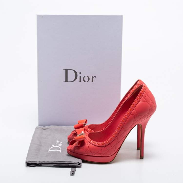 Pre Owned Dior Pink Cannage Leather Bow Peep Toe Pumps Size 35
