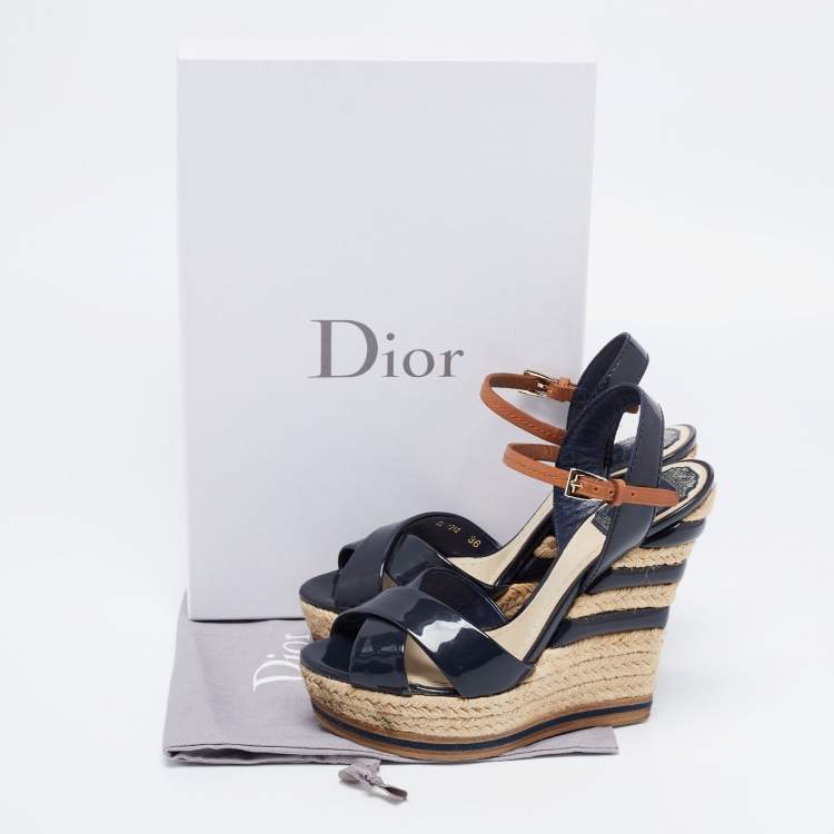 Pre Owned Dior Navy Blue Patent Leather Criss Cross Wedge Espadrille Ankle Strap Sandals Size 36 