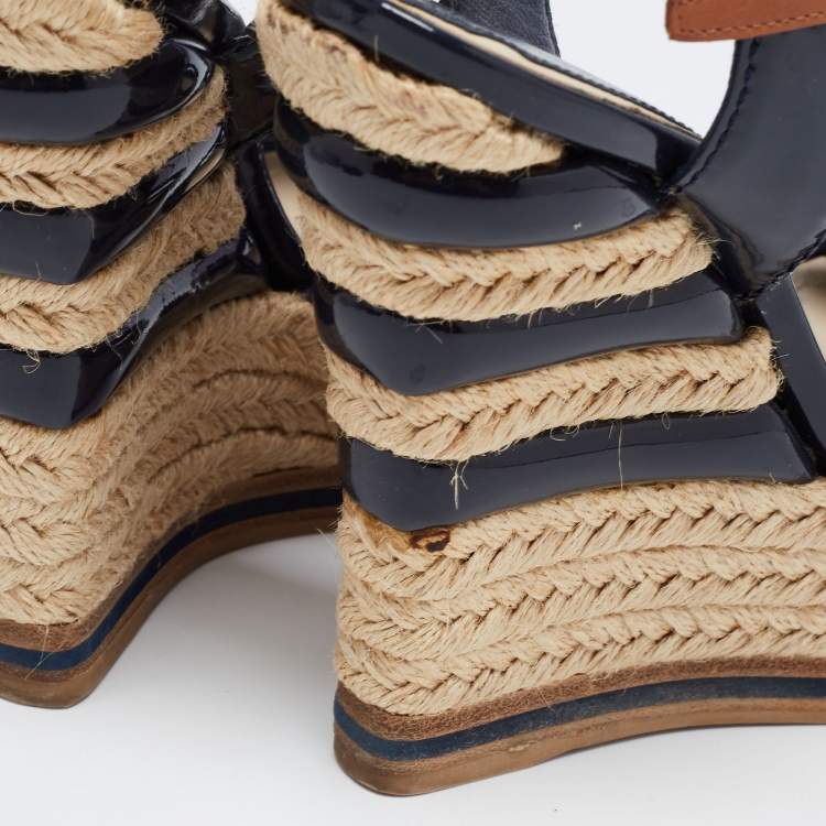 Pre Owned Dior Navy Blue Patent Leather Criss Cross Wedge Espadrille Ankle Strap Sandals Size 36 