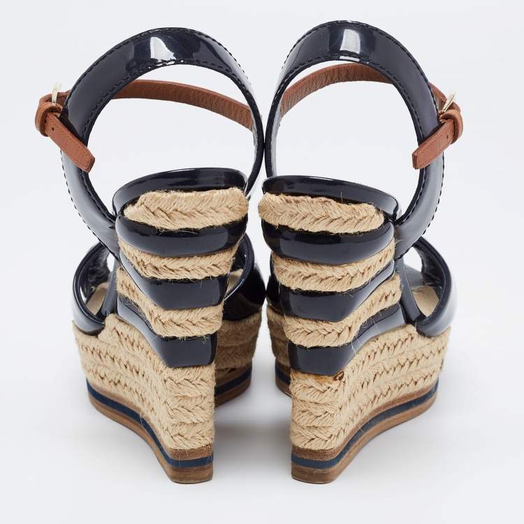 Pre Owned Dior Navy Blue Patent Leather Criss Cross Wedge Espadrille Ankle Strap Sandals Size 36 