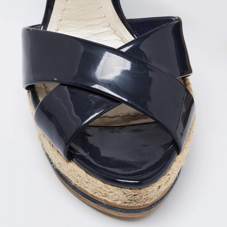 Pre Owned Dior Navy Blue Patent Leather Criss Cross Wedge Espadrille Ankle Strap Sandals Size 36 