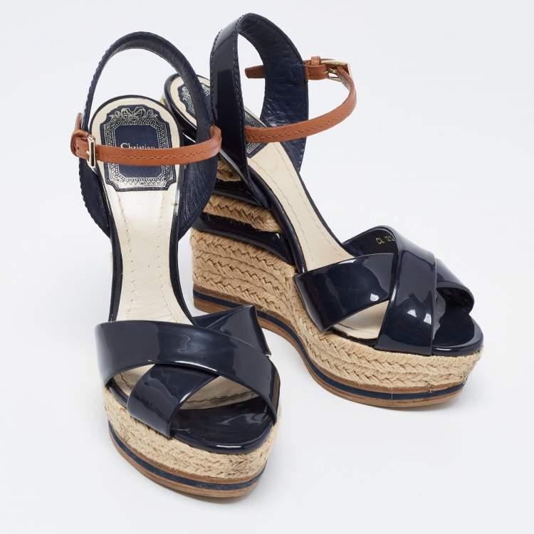 Pre Owned Dior Navy Blue Patent Leather Criss Cross Wedge Espadrille Ankle Strap Sandals Size 36 