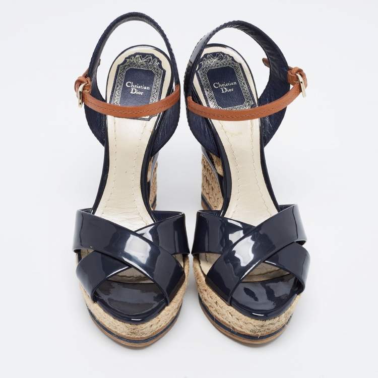 Pre Owned Dior Navy Blue Patent Leather Criss Cross Wedge Espadrille Ankle Strap Sandals Size 36 
