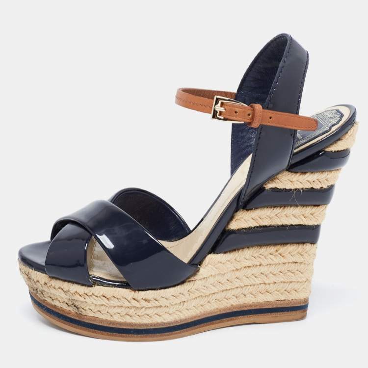 Pre Owned Dior Navy Blue Patent Leather Criss Cross Wedge Espadrille Ankle Strap Sandals Size 36 
