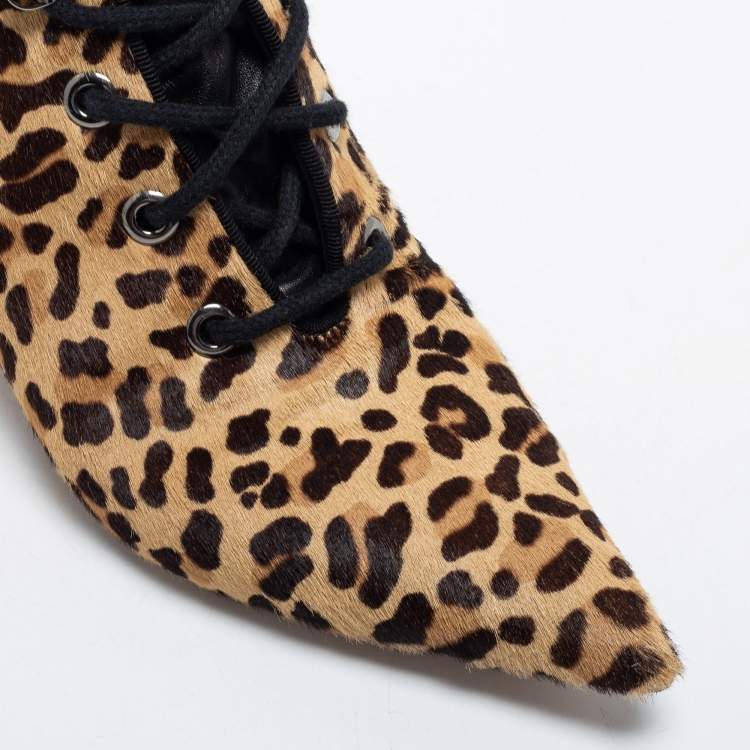 Pre Owned Dior Beige/Brown Leopard Print Calf Hair Ankle Length Boots Size 40
