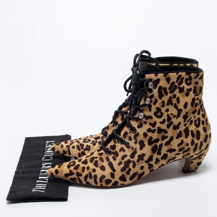 Pre Owned Dior Beige/Brown Leopard Print Calf Hair Ankle Length Boots Size 40