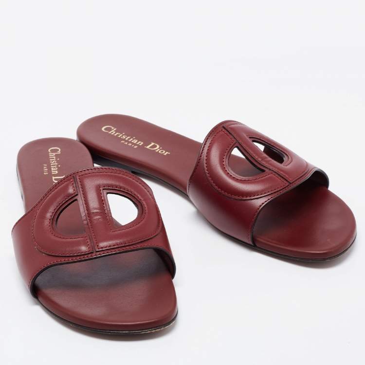 Pre Owned Dior Burgundy Leather D Club Flat Slides Size 38.5