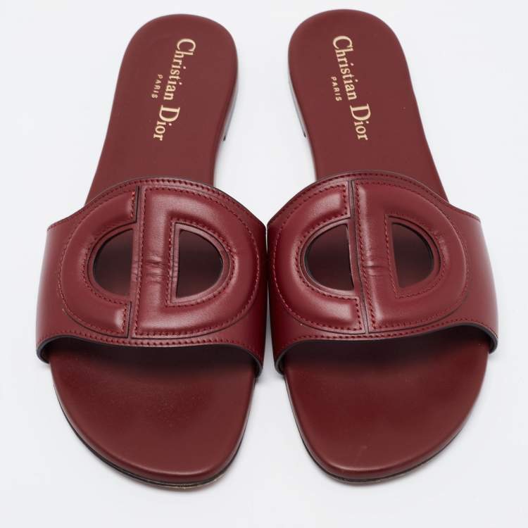 Pre Owned Dior Burgundy Leather D Club Flat Slides Size 38.5