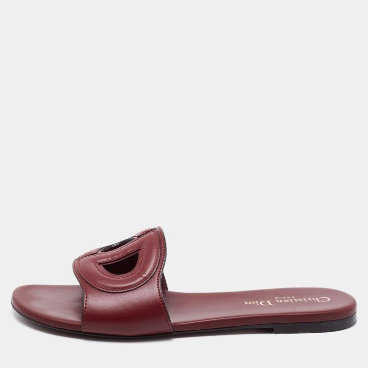 Pre Owned Dior Burgundy Leather D Club Flat Slides Size 38.5