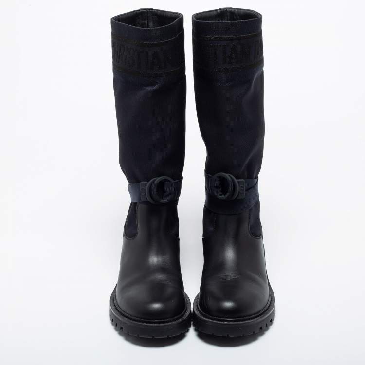 Pre Owned Dior Black/Navy Blue Leather and Canvas D-Major Calf Boots Size 39.5
