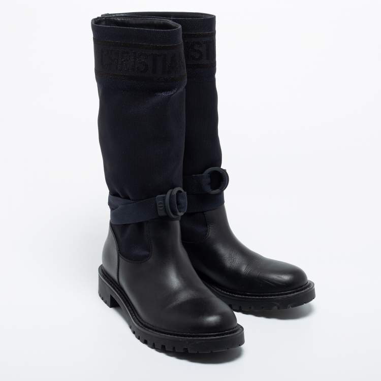Pre Owned Dior Black/Navy Blue Leather and Canvas D-Major Calf Boots Size 39.5
