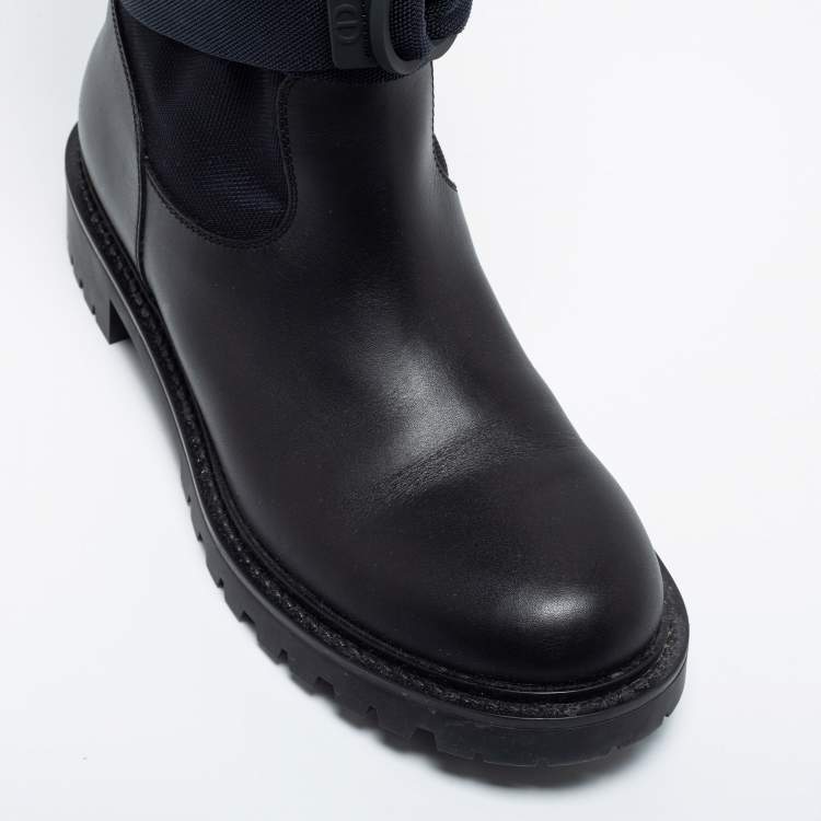 Pre Owned Dior Black/Navy Blue Leather and Canvas D-Major Calf Boots Size 39.5
