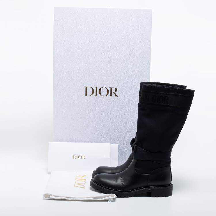 Pre Owned Dior Black/Navy Blue Leather and Canvas D-Major Calf Boots Size 39.5