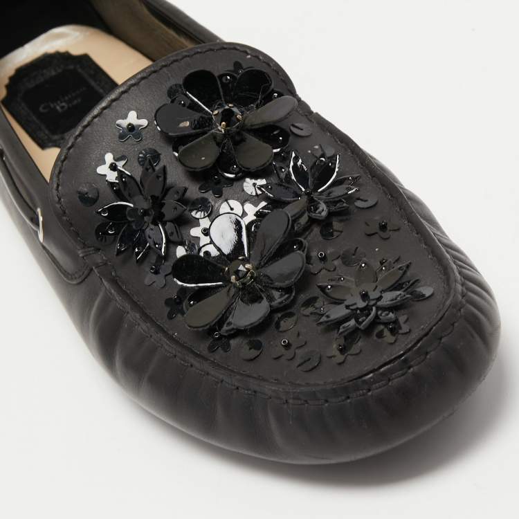Pre Owned Dior Black Leather Embellished Slip On Loafers Size 40.5