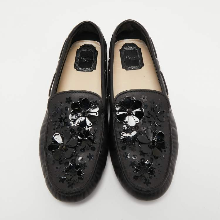 Pre Owned Dior Black Leather Embellished Slip On Loafers Size 40.5