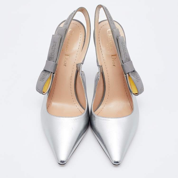 Pre Owned Dior Metallic Silver Leather J'Adior Slingback Pumps Size 36.5