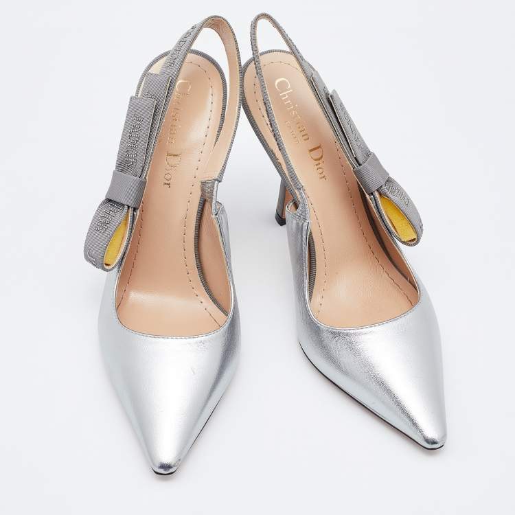 Pre Owned Dior Metallic Silver Leather J'Adior Slingback Pumps Size 36.5