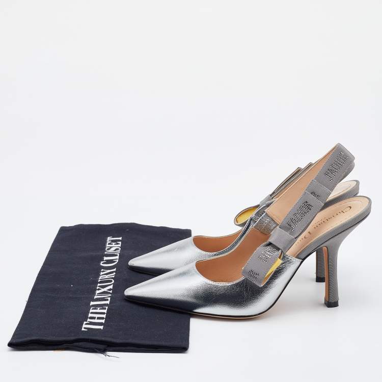 Pre Owned Dior Metallic Silver Leather J'Adior Slingback Pumps Size 36.5