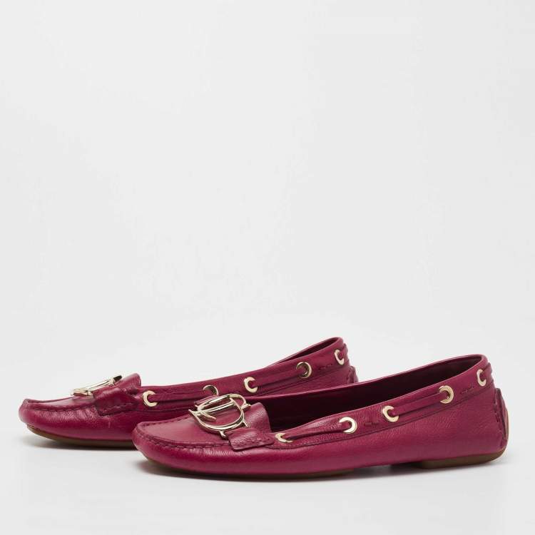 Pre Owned Dior Magenta Leather CD Logo Loafers Size 38