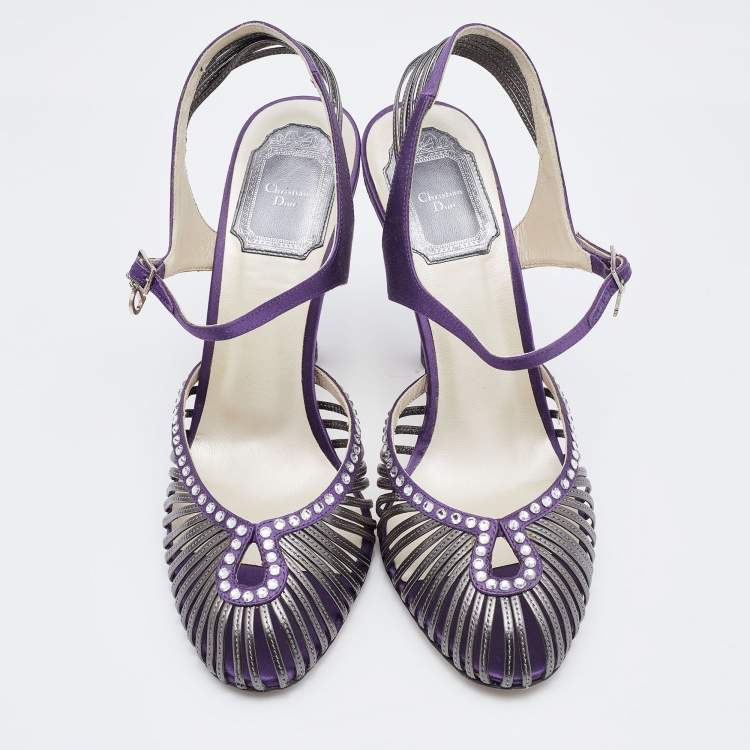 Pre Owned Dior Purple/Silver Satin and Leather Strappy Sandals Size 38
