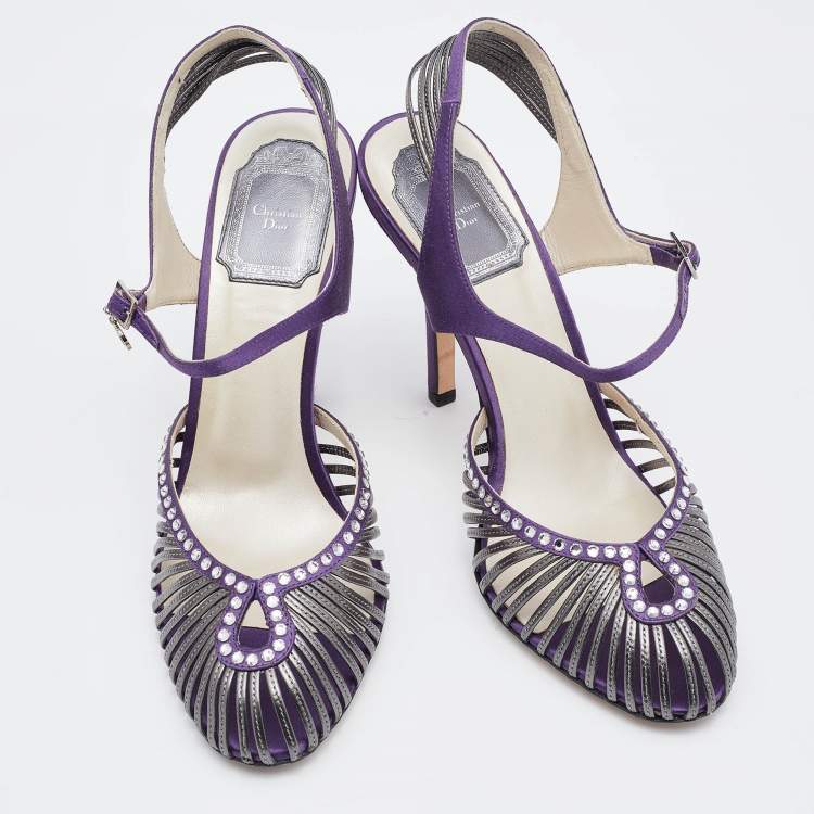 Pre Owned Dior Purple/Silver Satin and Leather Strappy Sandals Size 38