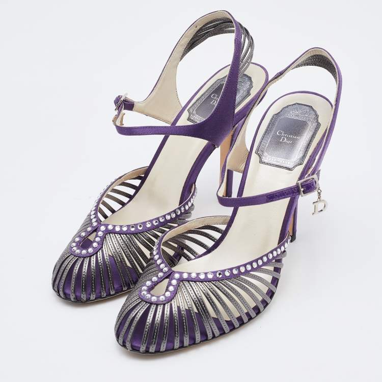 Pre Owned Dior Purple/Silver Satin and Leather Strappy Sandals Size 38