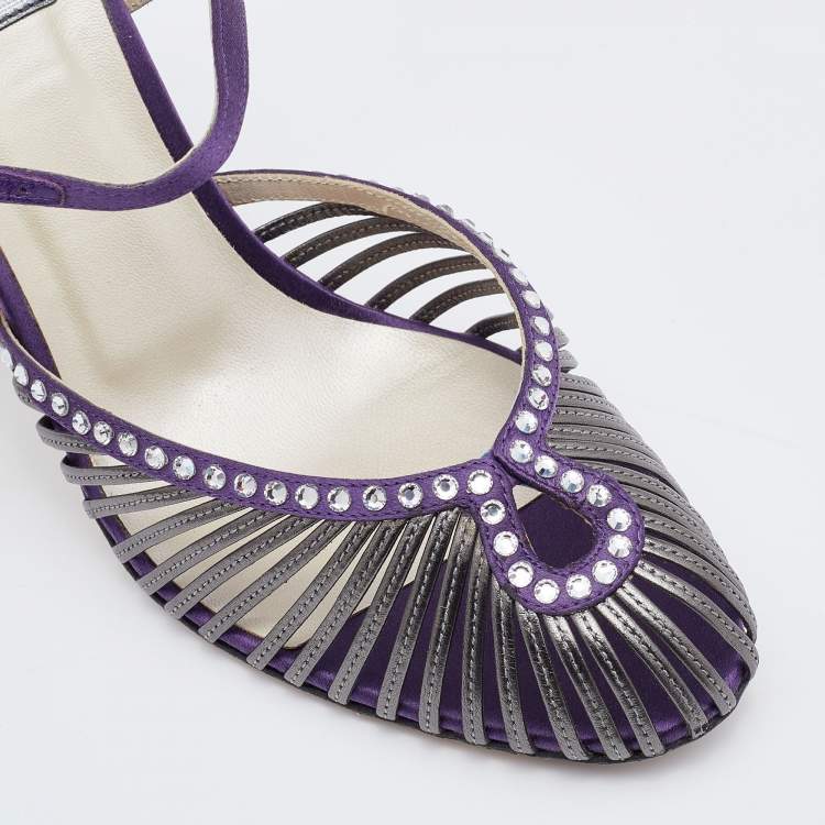 Pre Owned Dior Purple/Silver Satin and Leather Strappy Sandals Size 38