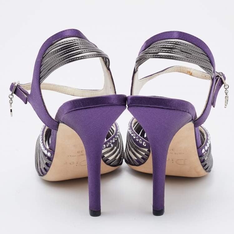 Pre Owned Dior Purple/Silver Satin and Leather Strappy Sandals Size 38
