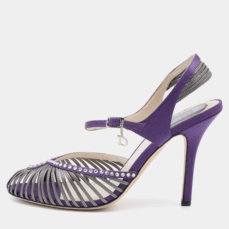 Pre Owned Dior Purple/Silver Satin and Leather Strappy Sandals Size 38
