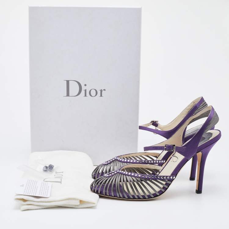 Pre Owned Dior Purple/Silver Satin and Leather Strappy Sandals Size 38