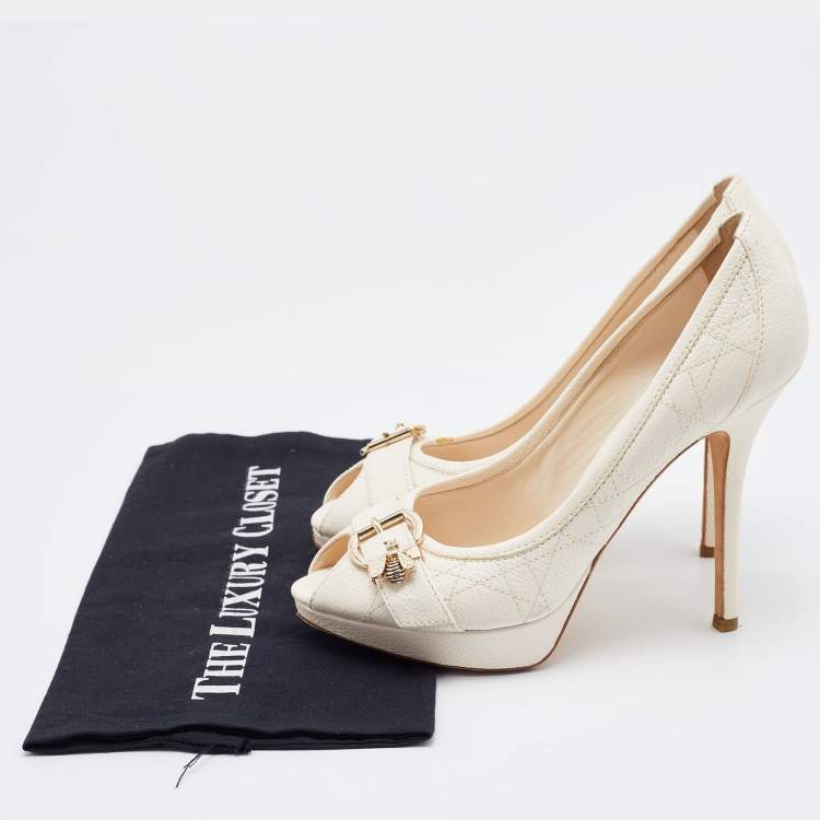 Pre Owned Dior Off White Cannage Leather Bee Detail Peep Toe Platform Pumps Size 37.5