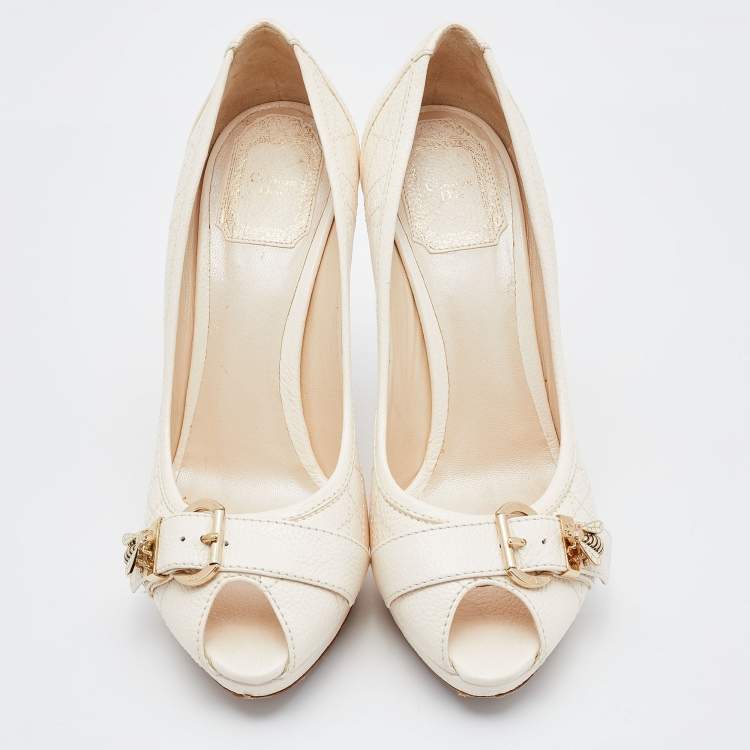 Pre Owned Dior Off White Cannage Leather Bee Detail Peep Toe Platform Pumps Size 37.5