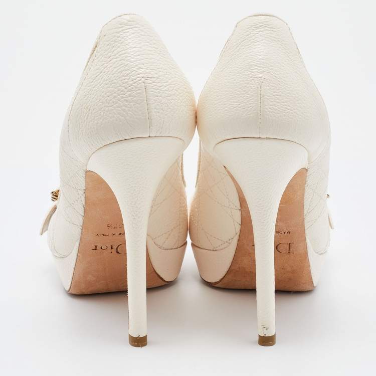 Pre Owned Dior Off White Cannage Leather Bee Detail Peep Toe Platform Pumps Size 37.5
