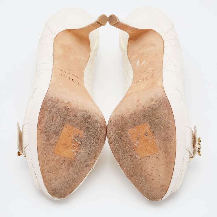 Pre Owned Dior Off White Cannage Leather Bee Detail Peep Toe Platform Pumps Size 37.5