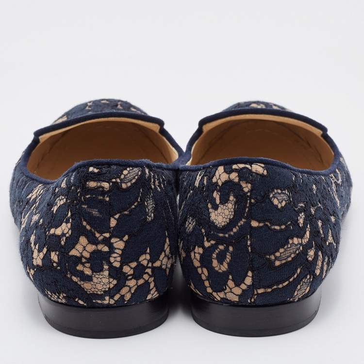 Pre Owned Dior Navy Blue/Beige Floral Lace and Suede Smoking Slippers Size 37.5