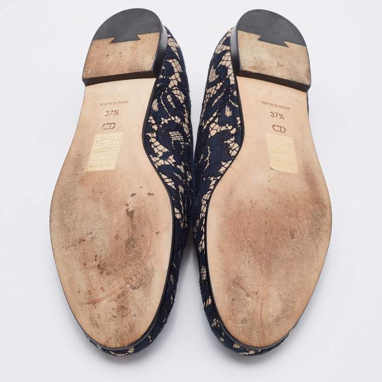 Pre Owned Dior Navy Blue/Beige Floral Lace and Suede Smoking Slippers Size 37.5
