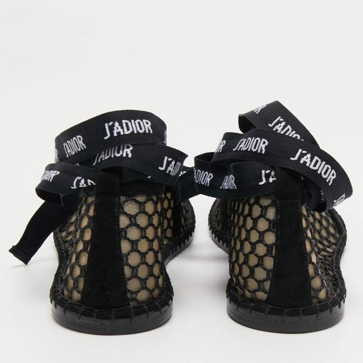Pre Owned Dior Black Mesh J'adior Ankle Tie Ballet Flats Size 37