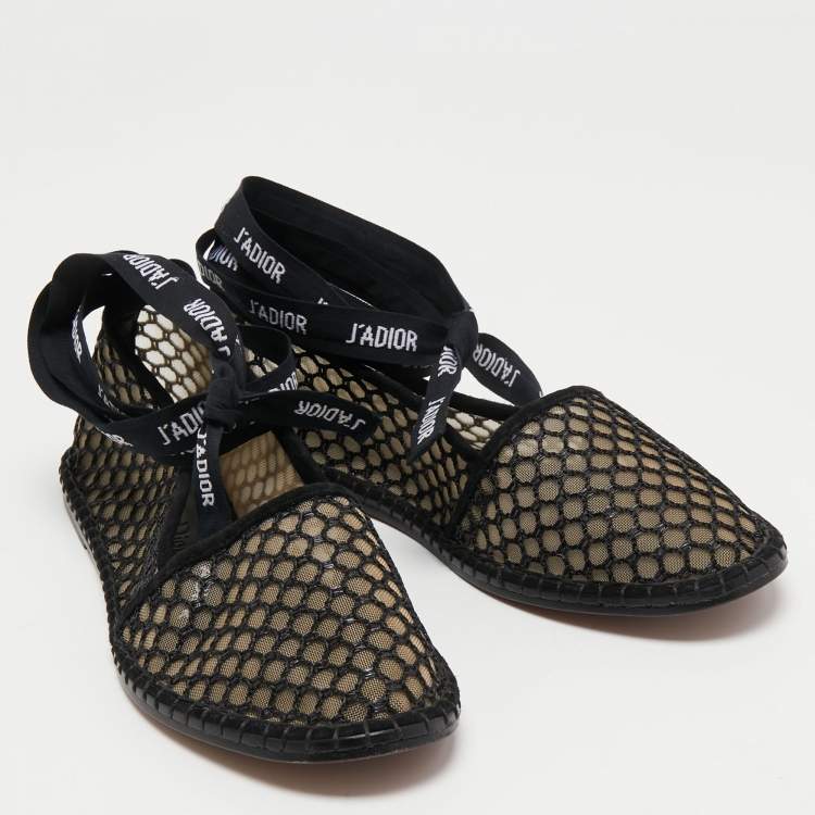 Pre Owned Dior Black Mesh J'adior Ankle Tie Ballet Flats Size 37