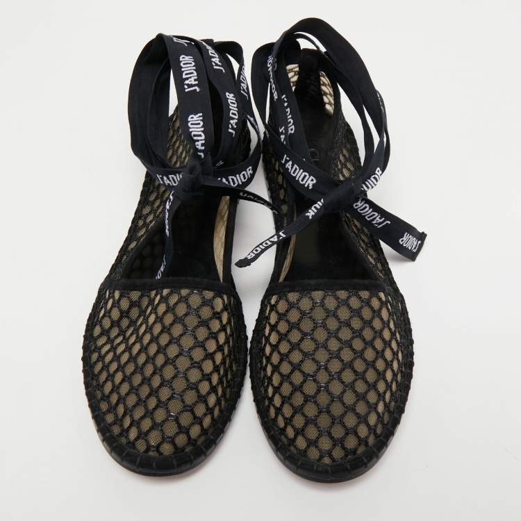 Pre Owned Dior Black Mesh J'adior Ankle Tie Ballet Flats Size 37