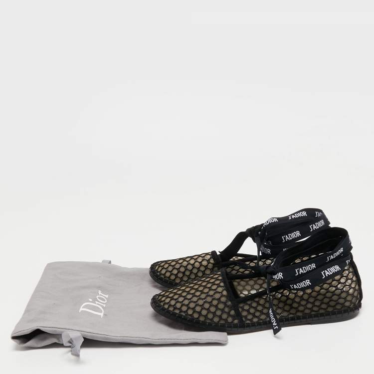 Pre Owned Dior Black Mesh J'adior Ankle Tie Ballet Flats Size 37