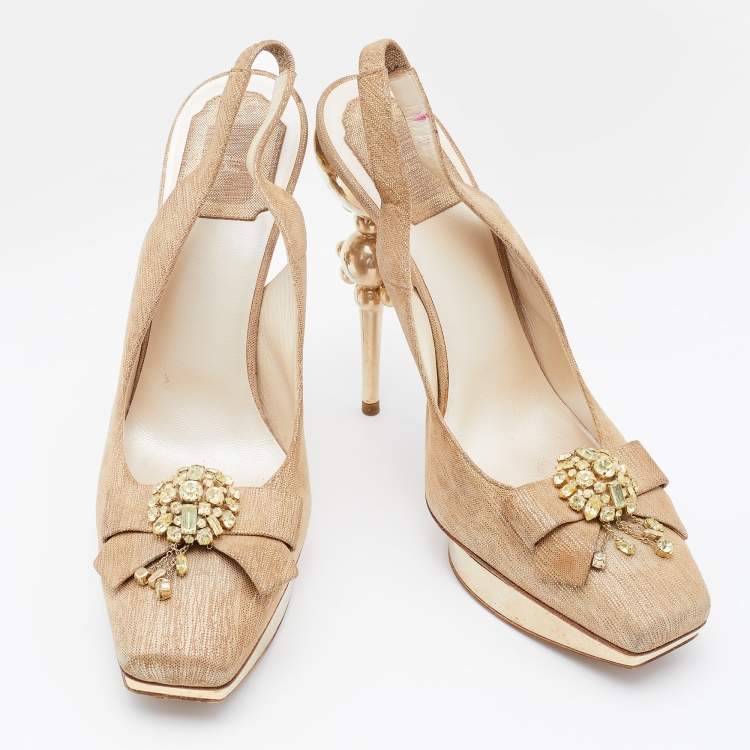 Pre Owned Dior Metallic Gold Suede Platform Slingback Pumps Size 38.5